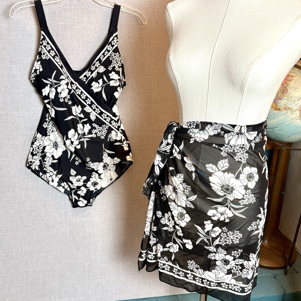 Vintage‎ 90's Land's End Swimsuit And Sarong Hawaiian Black And White NWOT Sz 14